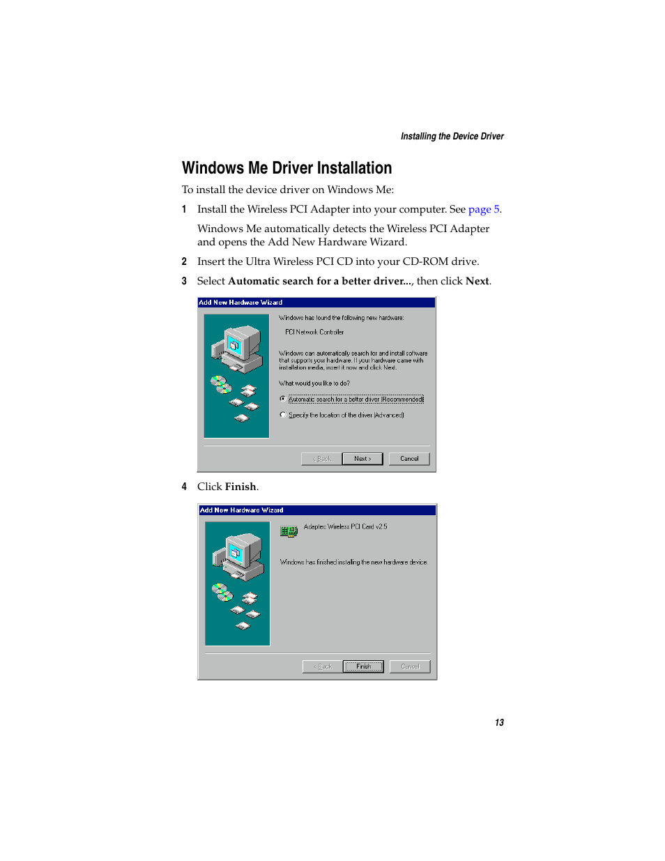 Windows me driver installation | Adaptec WirelessTM User Manual | Page 20 / 58