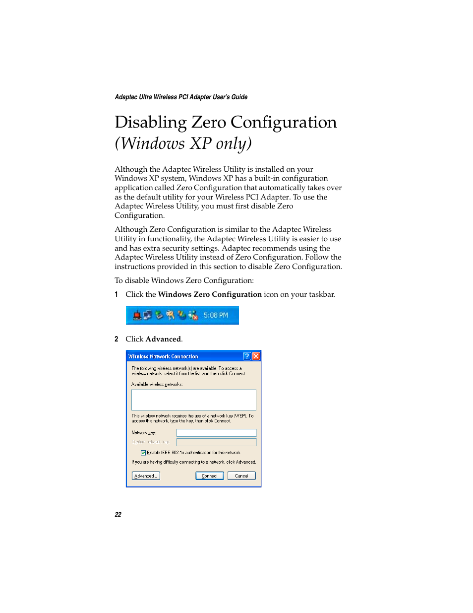 Disabling zero configuration (windows xp only), Disabling zero configuration (windows xp | Adaptec WirelessTM User Manual | Page 29 / 58