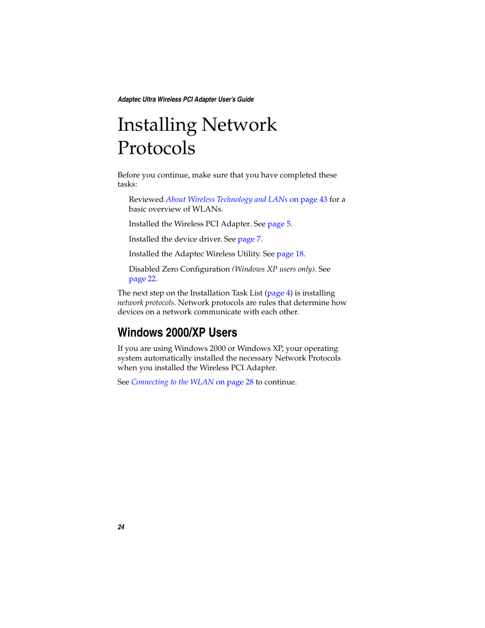 Installing network protocols, Windows 2000/xp users | Adaptec WirelessTM User Manual | Page 31 / 58