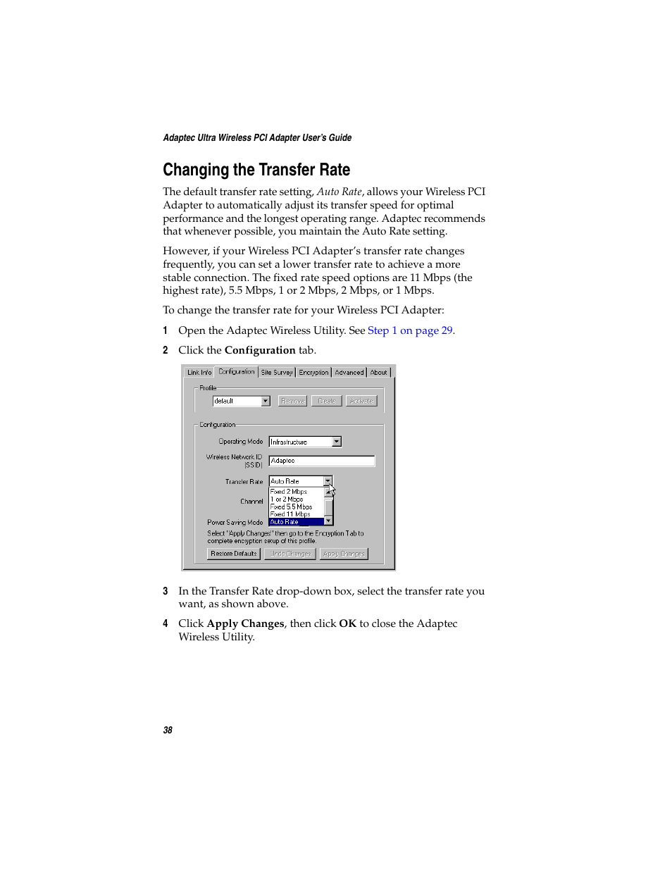 Changing the transfer rate | Adaptec WirelessTM User Manual | Page 45 / 58