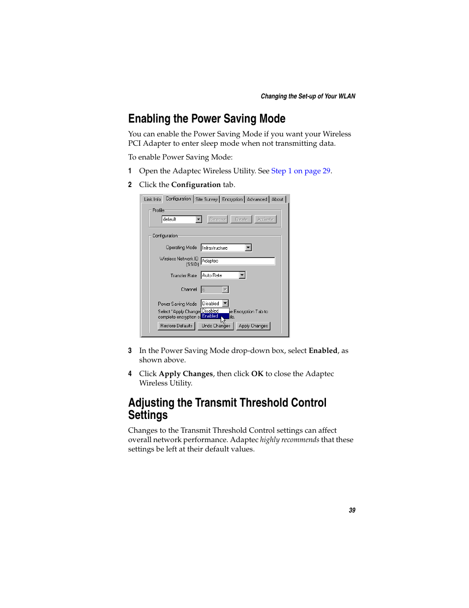 Enabling the power saving mode, Adjusting the transmit threshold control settings | Adaptec WirelessTM User Manual | Page 46 / 58