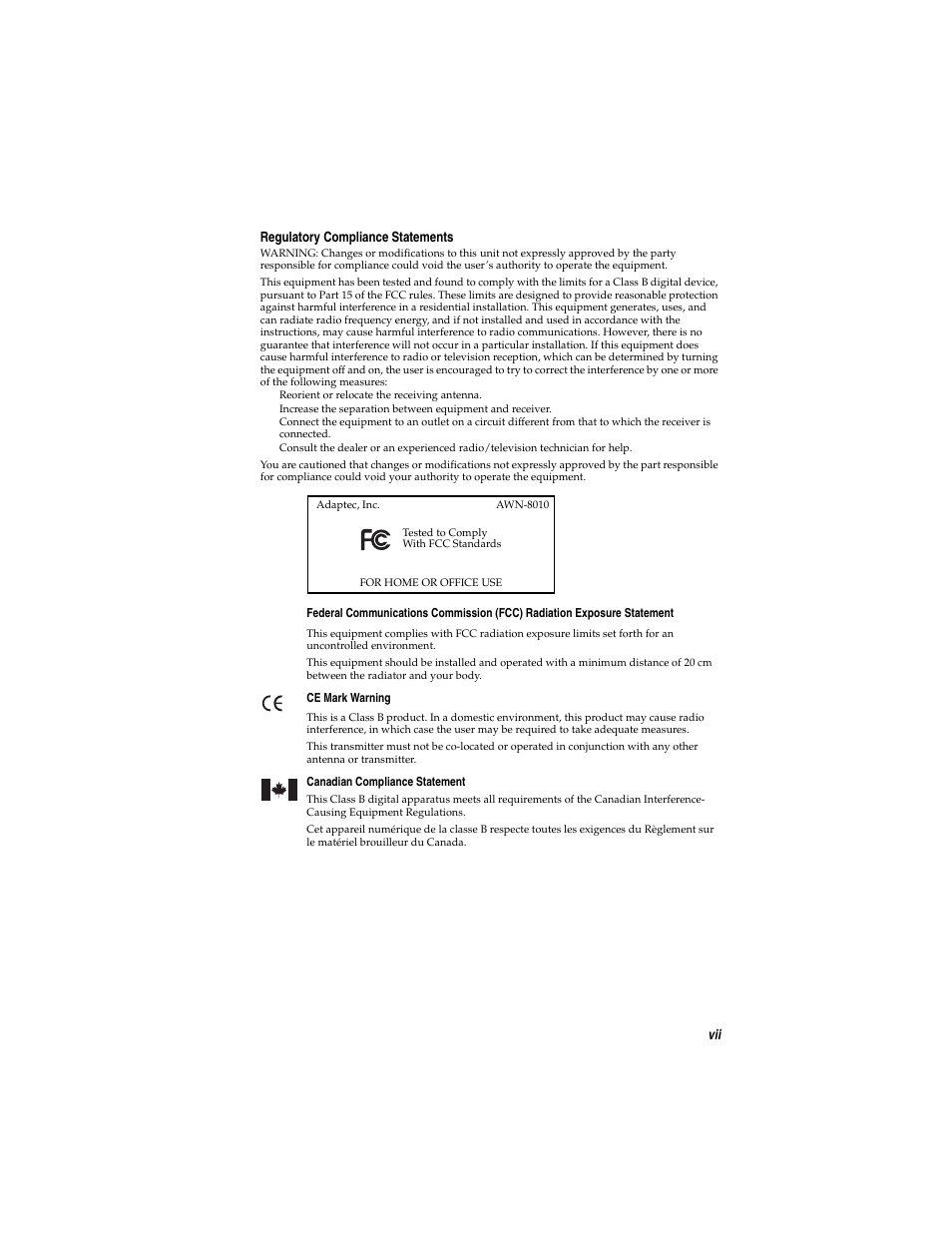 Vii regulatory compliance statements | Adaptec WirelessTM User Manual | Page 7 / 58