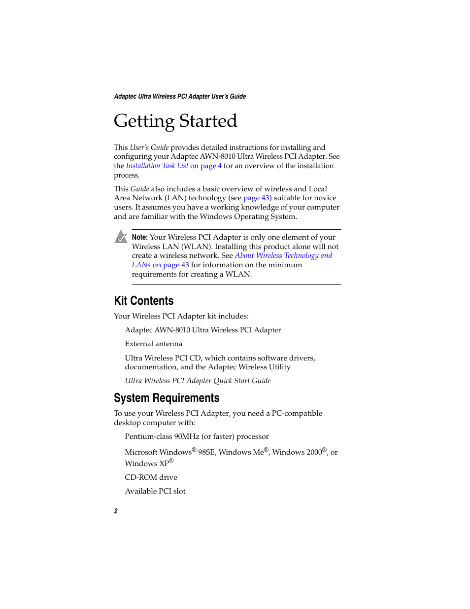 Getting started, Kit contents, System requirements | Adaptec WirelessTM User Manual | Page 9 / 58