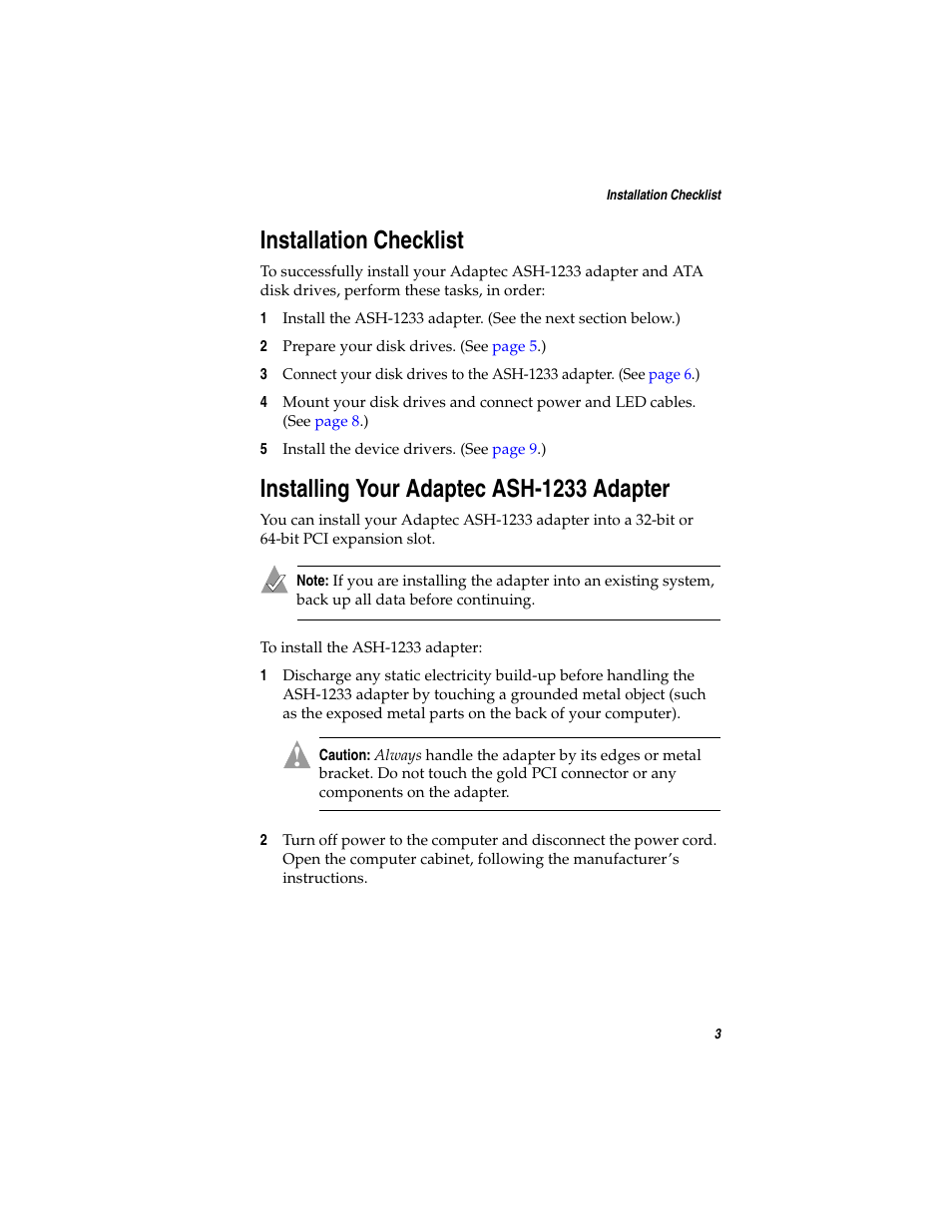 Installation checklist, Installing your adaptec ash-1233 adapter | Adaptec ASH-1233 User Manual | Page 10 / 28