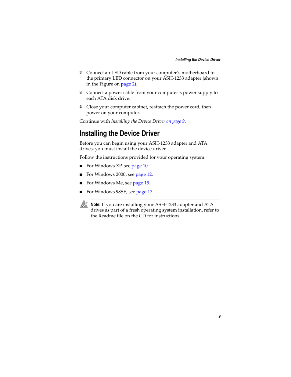 Installing the device driver | Adaptec ASH-1233 User Manual | Page 16 / 28