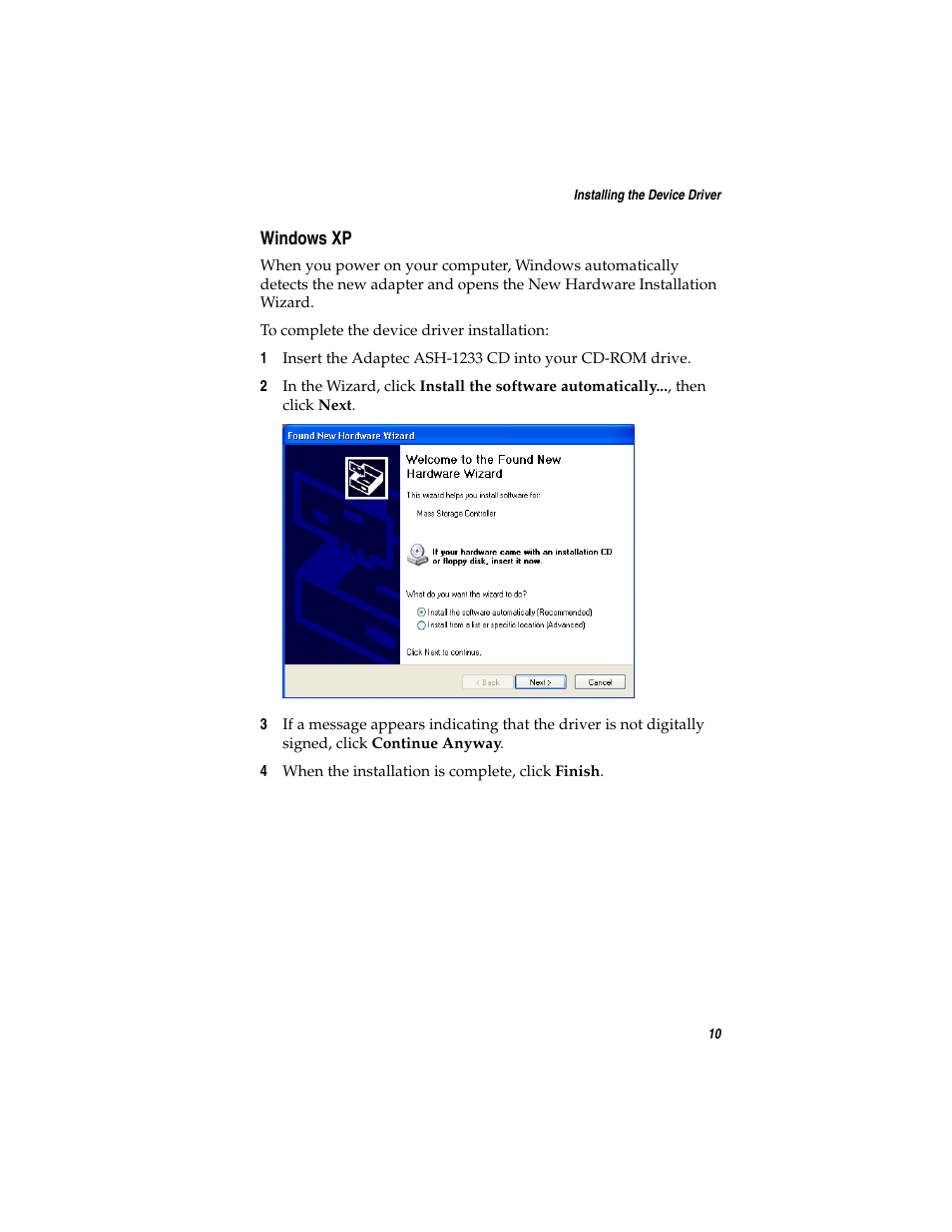 Windows xp | Adaptec ASH-1233 User Manual | Page 17 / 28