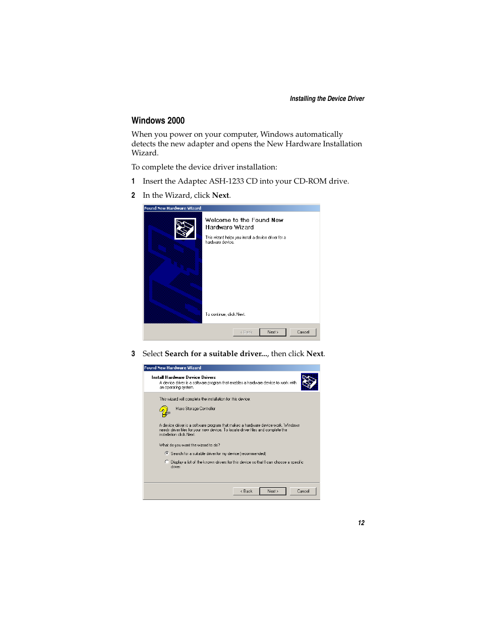 Windows 2000 | Adaptec ASH-1233 User Manual | Page 19 / 28