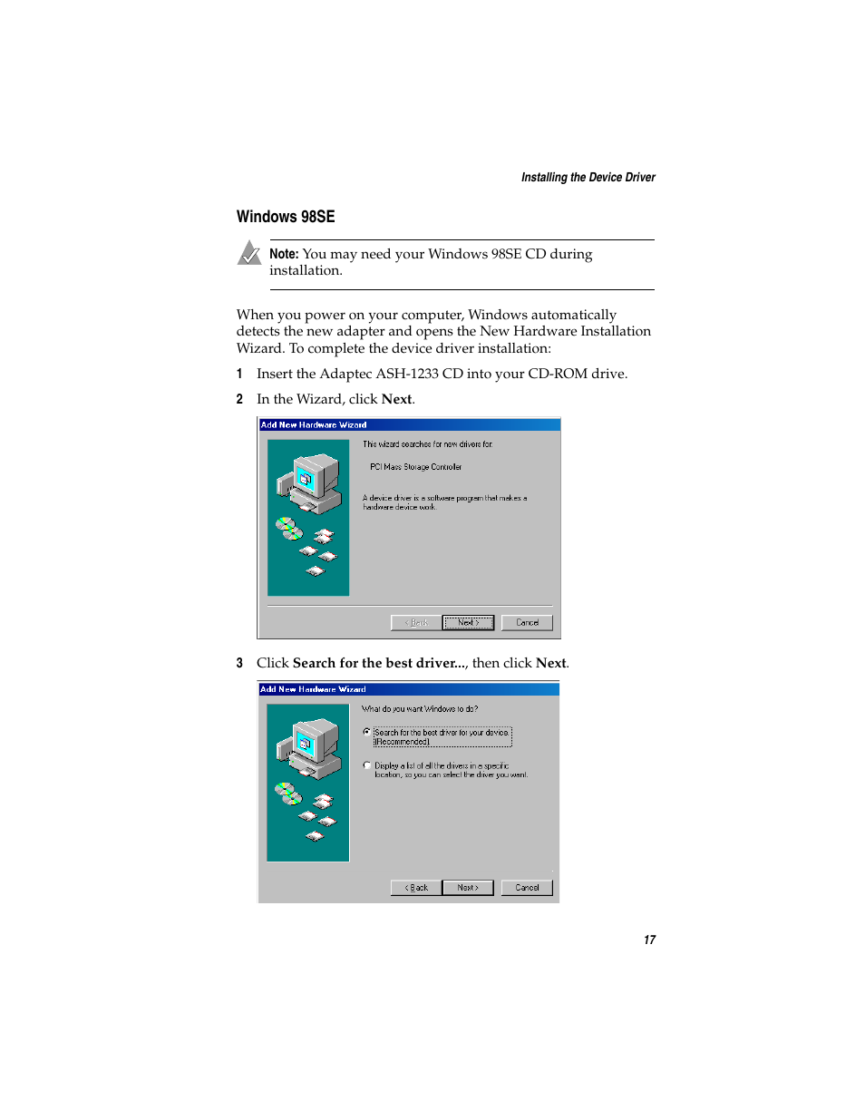 Windows 98se, E, see | Adaptec ASH-1233 User Manual | Page 24 / 28