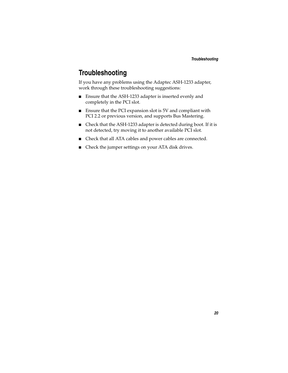 Troubleshooting | Adaptec ASH-1233 User Manual | Page 27 / 28