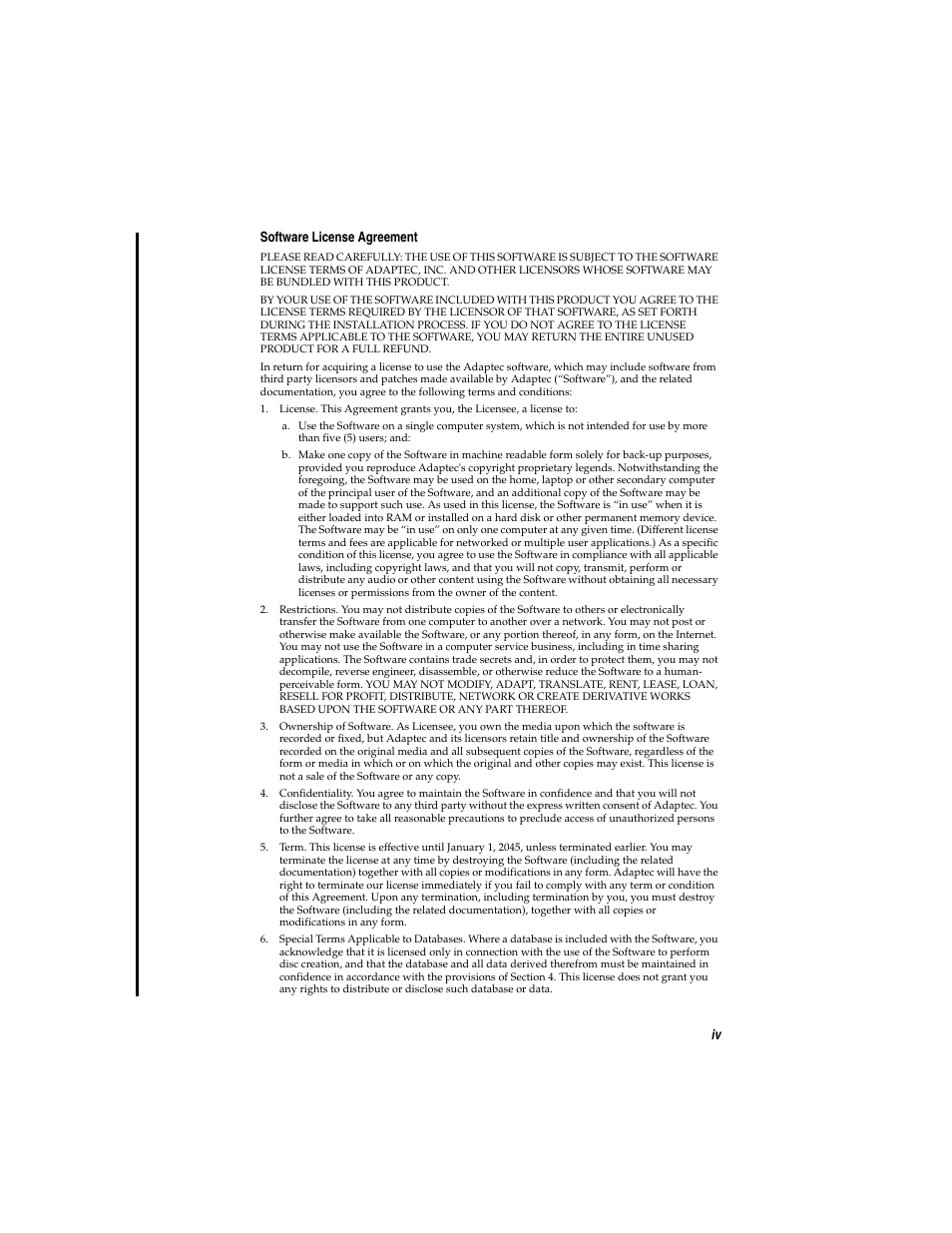 Software license agreement, Iv software license agreement | Adaptec ASH-1233 User Manual | Page 5 / 28