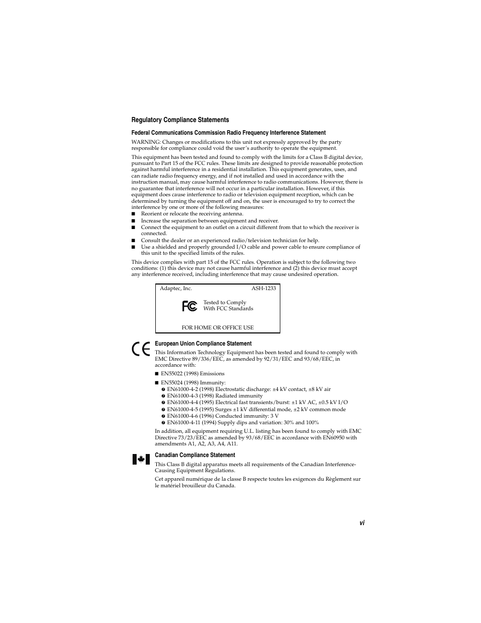 Regulatory compliance statements, Vi regulatory compliance statements | Adaptec ASH-1233 User Manual | Page 7 / 28