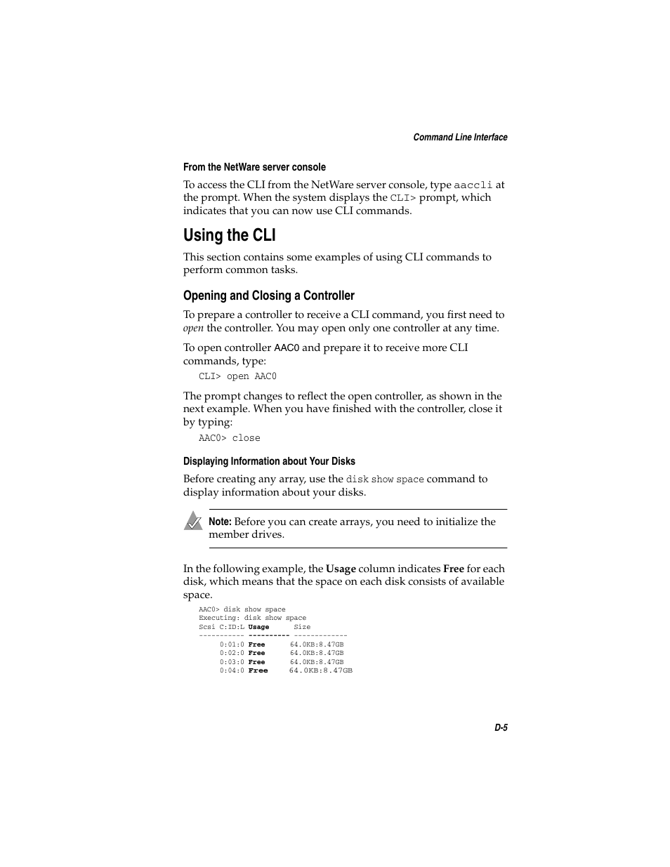 Using the cli, Opening and closing a controller, Using the cli d-5 | Opening and closing a controller d-5 | Adaptec SATA AND SCSI RAID CONTROLLERS User Manual | Page 108 / 165