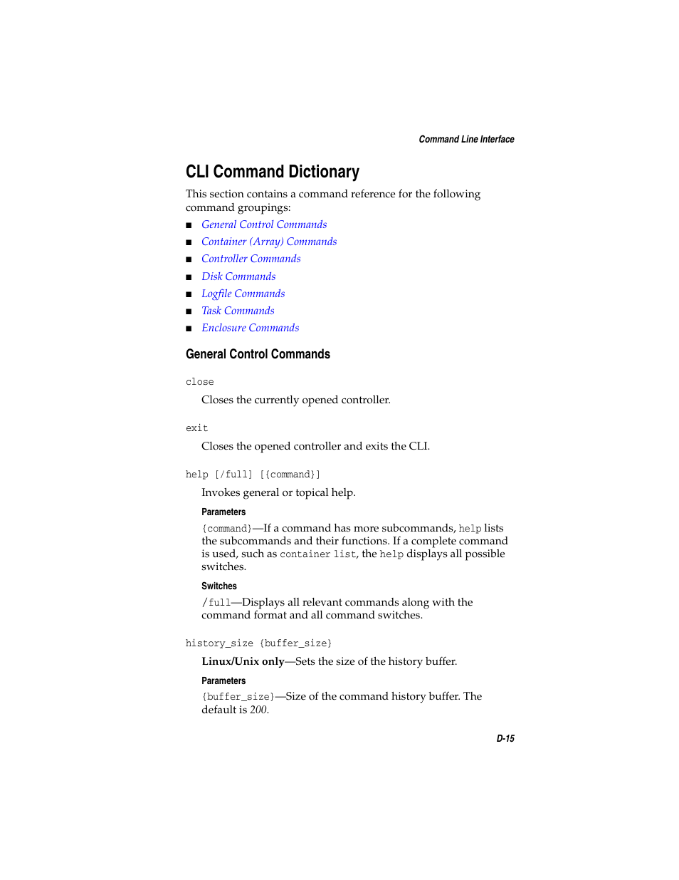 Cli command dictionary, General control commands, Cli command dictionary d-15 | General control commands d-15, D-15 | Adaptec SATA AND SCSI RAID CONTROLLERS User Manual | Page 118 / 165