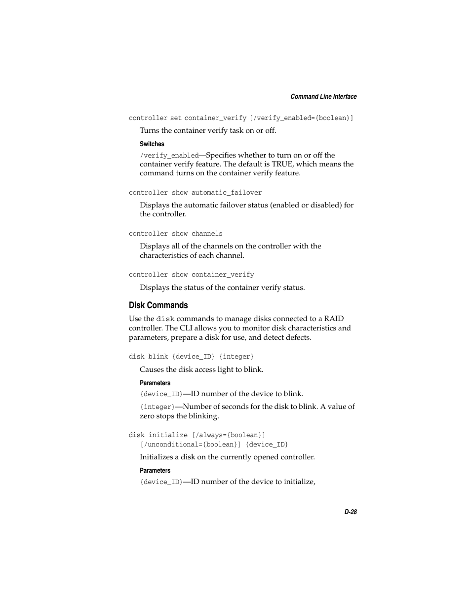 Disk commands, Disk commands d-28, D-28 | Adaptec SATA AND SCSI RAID CONTROLLERS User Manual | Page 131 / 165