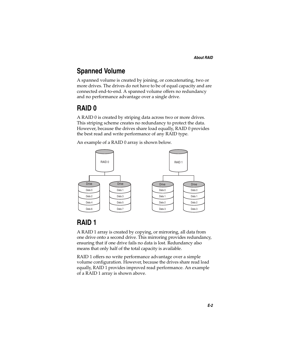Spanned volume, Raid0, Raid1 | Spanned volume e-2 raid 0 e-2 raid 1 e-2, Raid 0, Raid 1 | Adaptec SATA AND SCSI RAID CONTROLLERS User Manual | Page 143 / 165