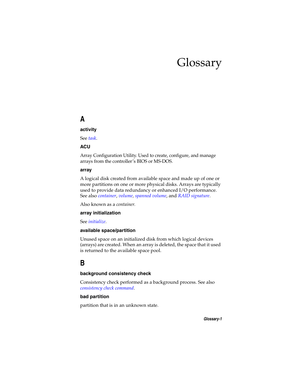 Glossary | Adaptec SATA AND SCSI RAID CONTROLLERS User Manual | Page 156 / 165