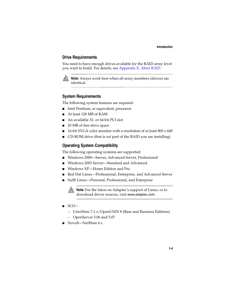 Drive requirements, System requirements, Operating system compatibility | Adaptec SATA AND SCSI RAID CONTROLLERS User Manual | Page 17 / 165