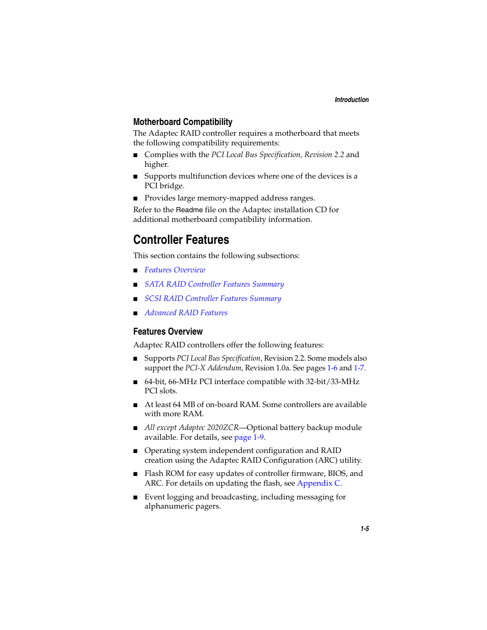 Motherboard compatibility, Controller features, Features overview | Motherboard compatibility 1-5, Controller features 1-5, Features overview 1-5, Controller | Adaptec SATA AND SCSI RAID CONTROLLERS User Manual | Page 18 / 165