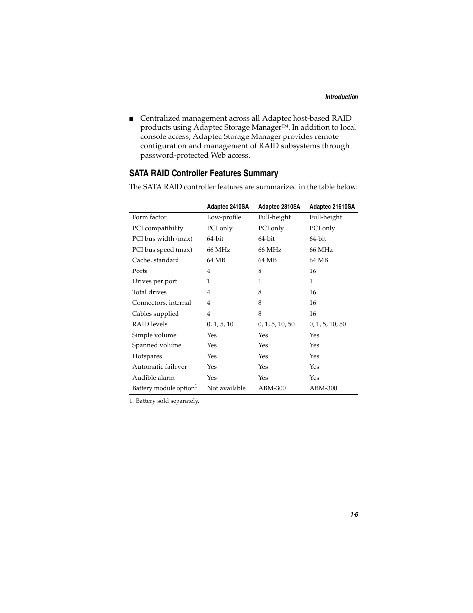 Sata raid controller features summary, Sata raid controller features summary 1-6 | Adaptec SATA AND SCSI RAID CONTROLLERS User Manual | Page 19 / 165