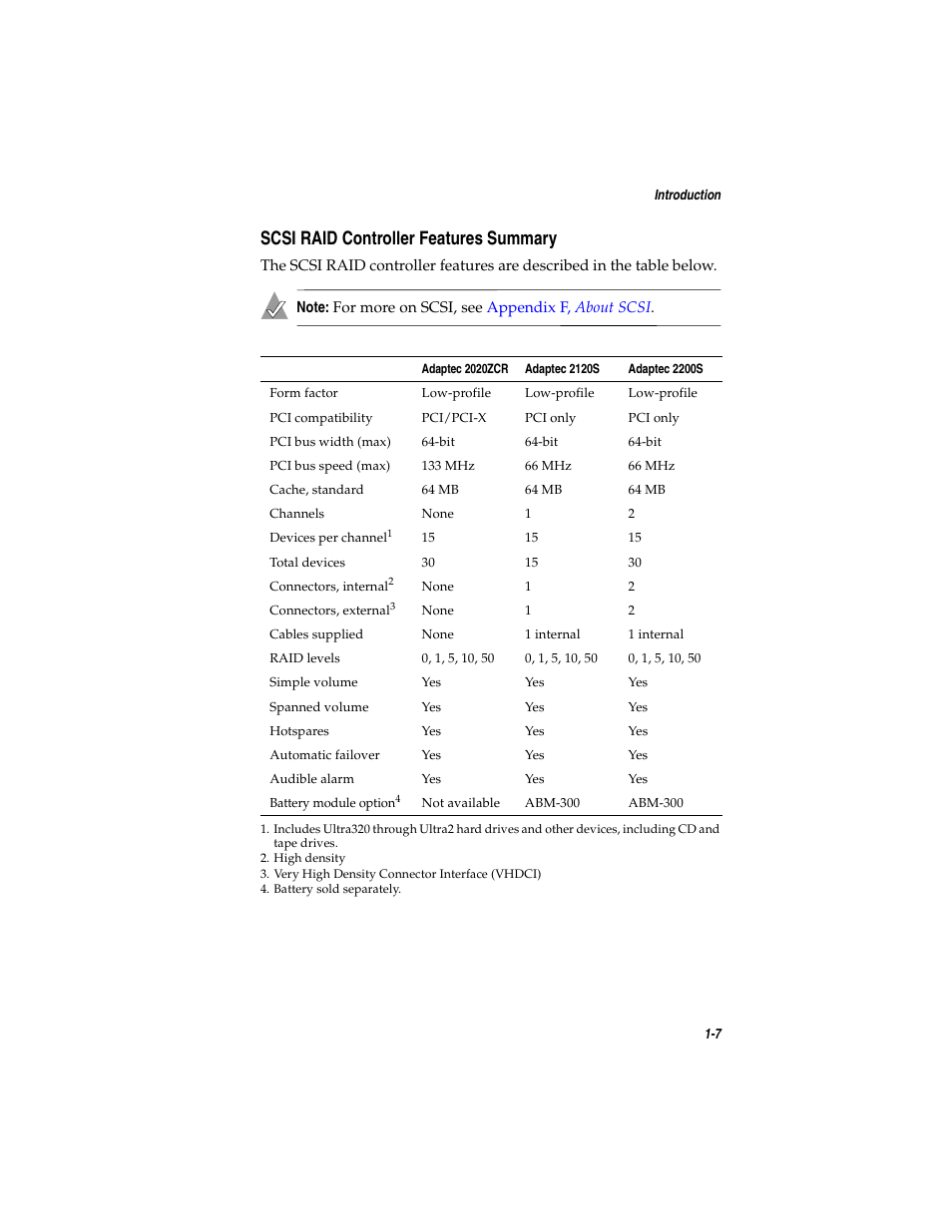 Scsi raid controller features summary, Scsi raid controller features summary 1-7 | Adaptec SATA AND SCSI RAID CONTROLLERS User Manual | Page 20 / 165