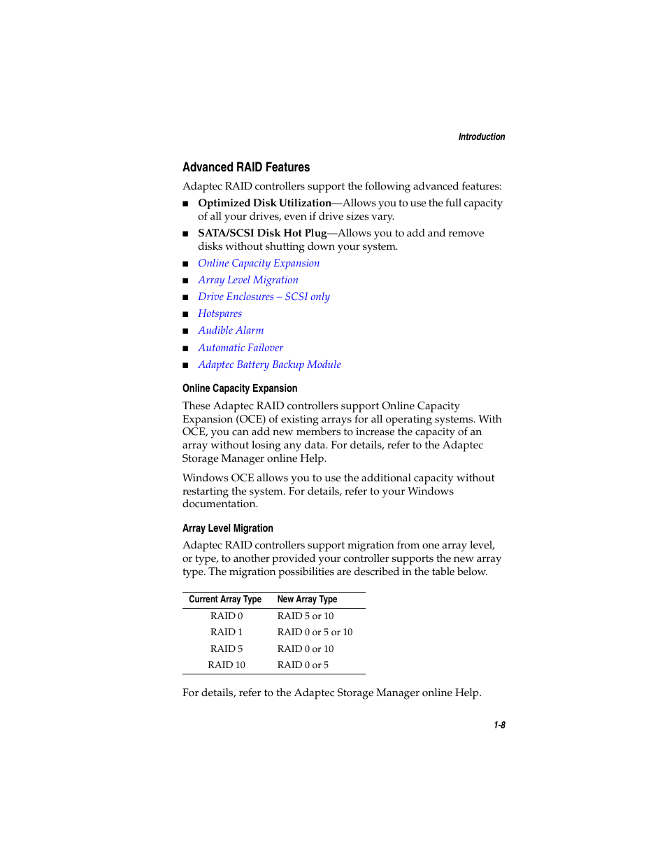 Advanced raid features, Advanced raid features 1-8 | Adaptec SATA AND SCSI RAID CONTROLLERS User Manual | Page 21 / 165