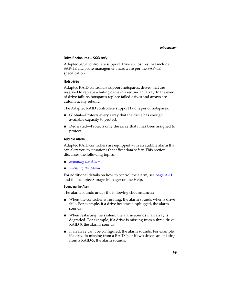 Drive enclosures – scsi only, Hotspares, Audible alarm | Adaptec SATA AND SCSI RAID CONTROLLERS User Manual | Page 22 / 165
