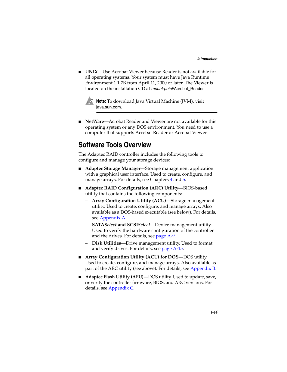 Software tools overview, Software tools overview 1-14 | Adaptec SATA AND SCSI RAID CONTROLLERS User Manual | Page 27 / 165