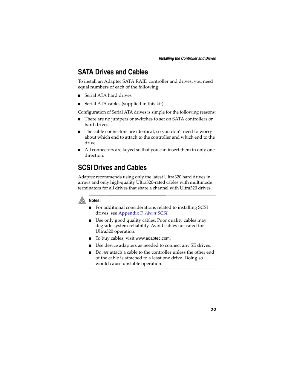 Sata drives and cables, Scsi drives and cables | Adaptec SATA AND SCSI RAID CONTROLLERS User Manual | Page 30 / 165