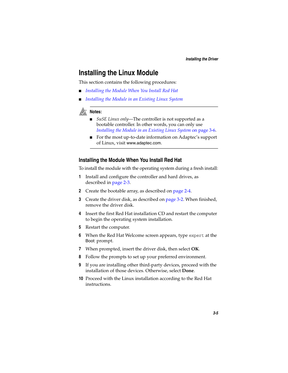 Installing the linux module, Installing the module when you install red hat, Installing the linux module 3-5 | Installing the module when you install red hat 3-5 | Adaptec SATA AND SCSI RAID CONTROLLERS User Manual | Page 41 / 165