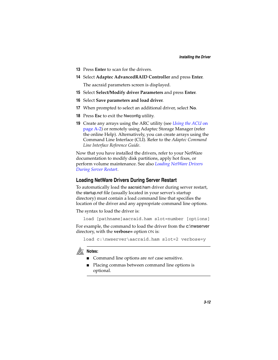 Loading netware drivers during server restart, Loading netware drivers during server restart 3-12, Loading netware drivers | Adaptec SATA AND SCSI RAID CONTROLLERS User Manual | Page 48 / 165