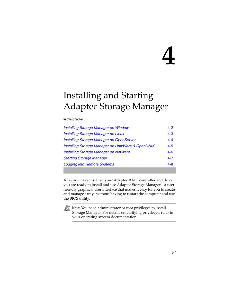 Installing and starting adaptec storage manager, Chapter 4 | Adaptec SATA AND SCSI RAID CONTROLLERS User Manual | Page 50 / 165