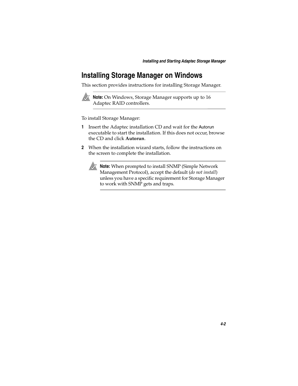 Installing storage manager on windows, Installing storage manager on windows 4-2 | Adaptec SATA AND SCSI RAID CONTROLLERS User Manual | Page 51 / 165