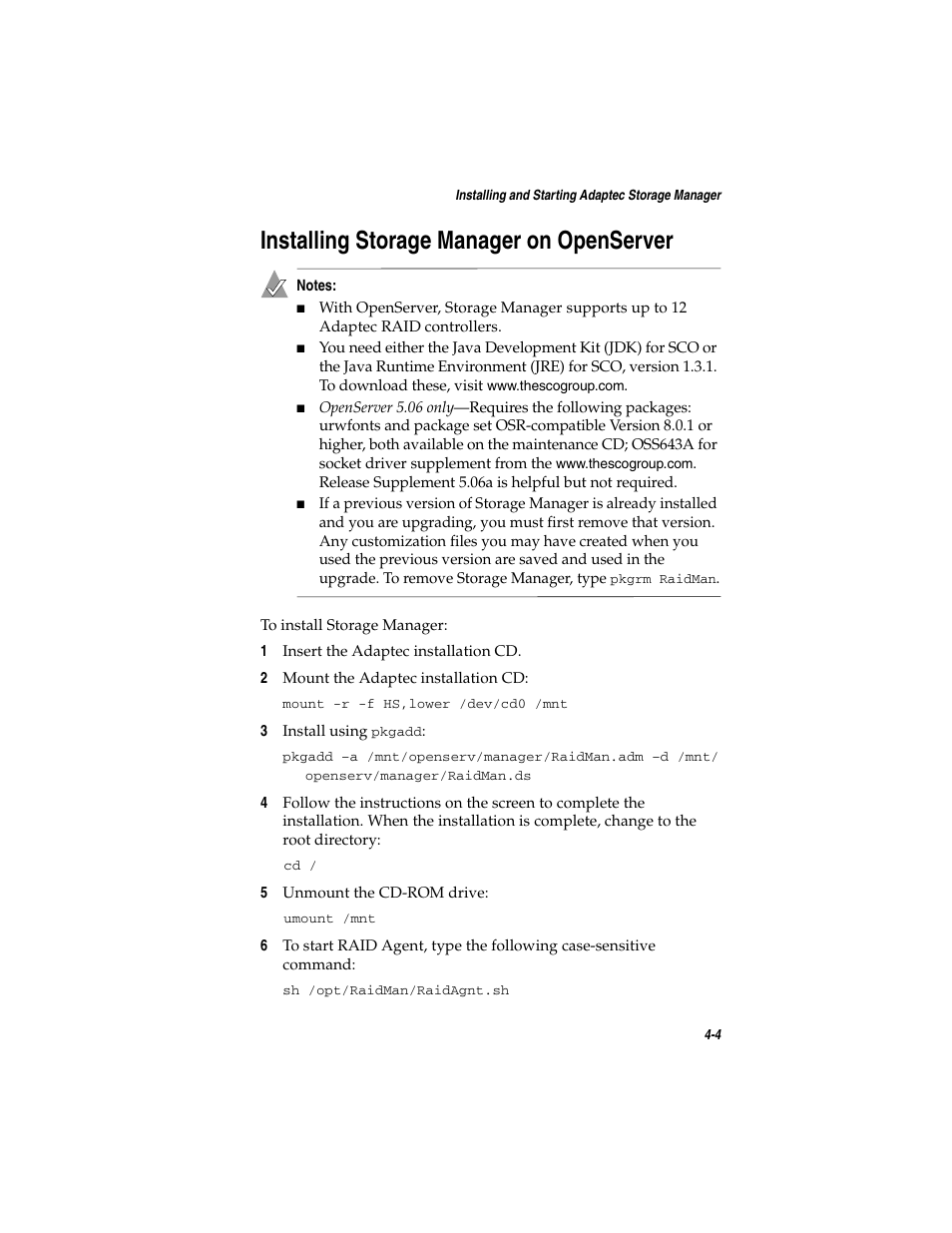 Installing storage manager on openserver, Installing storage manager on openserver 4-4 | Adaptec SATA AND SCSI RAID CONTROLLERS User Manual | Page 53 / 165