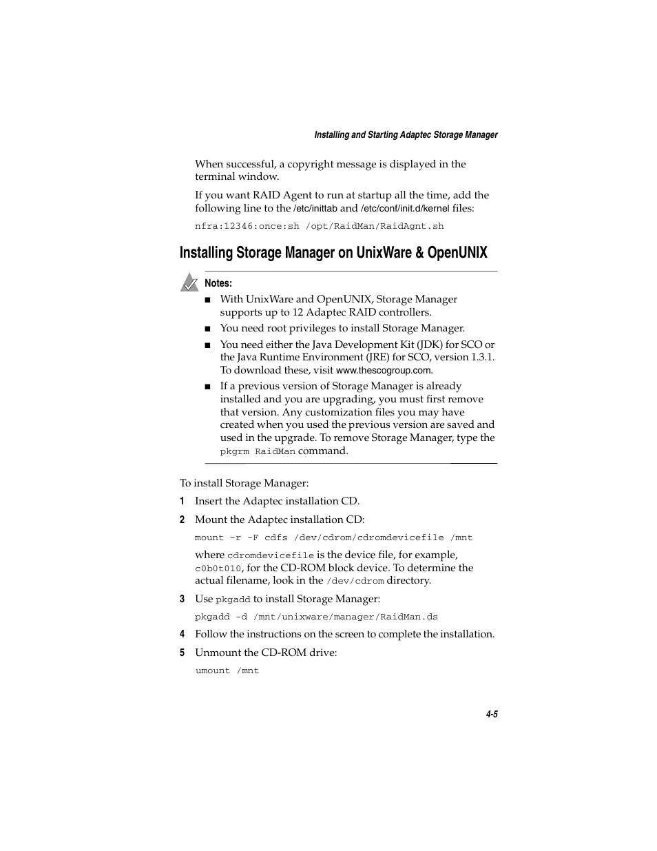Installing storage manager on unixware & openunix | Adaptec SATA AND SCSI RAID CONTROLLERS User Manual | Page 54 / 165