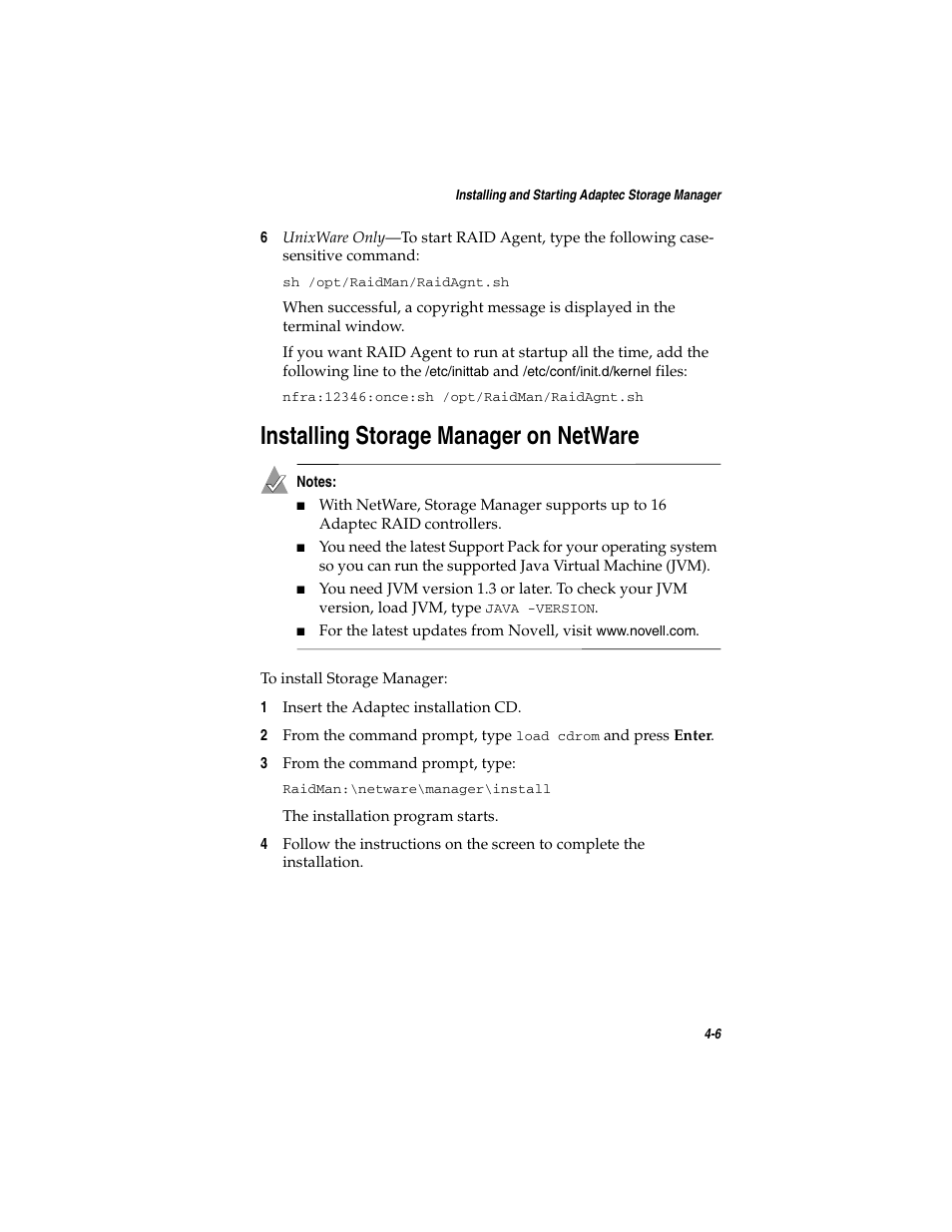 Installing storage manager on netware, Installing storage manager on netware 4-6 | Adaptec SATA AND SCSI RAID CONTROLLERS User Manual | Page 55 / 165