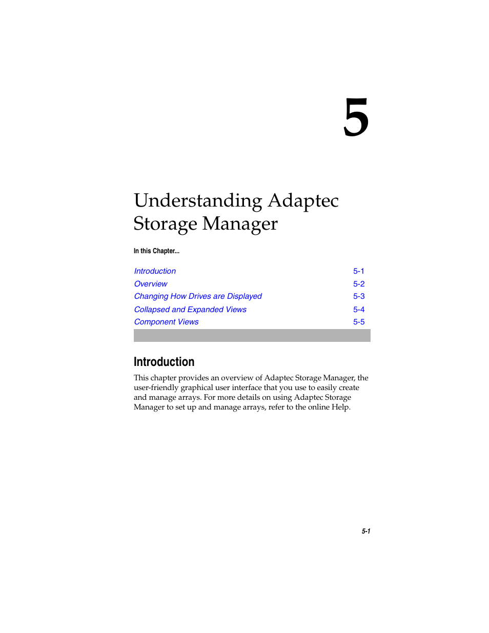 Understanding adaptec storage manager, Introduction, Introduction 5-1 | Chapter 5 | Adaptec SATA AND SCSI RAID CONTROLLERS User Manual | Page 58 / 165