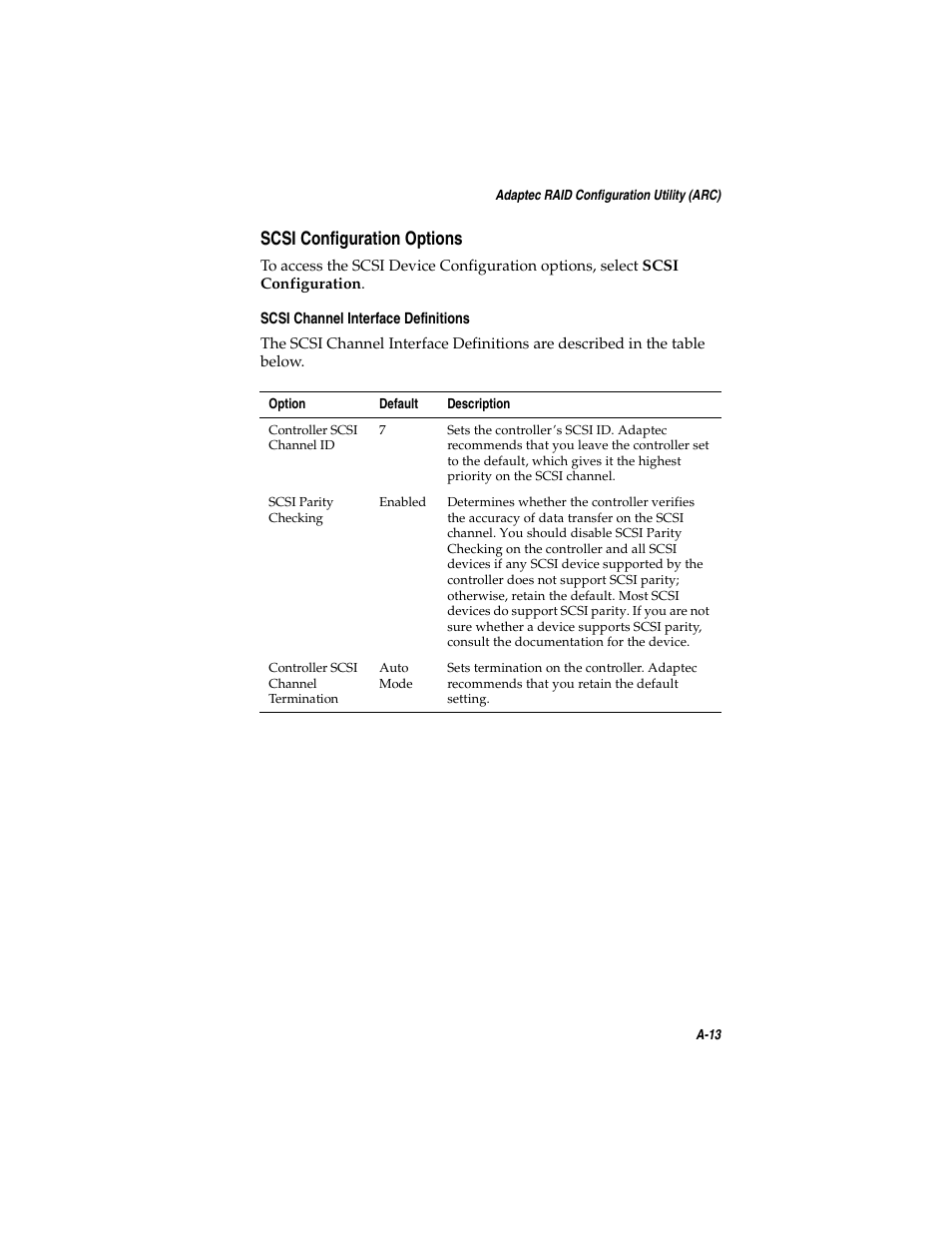 Scsi configuration options, Scsi configuration options a-13 | Adaptec SATA AND SCSI RAID CONTROLLERS User Manual | Page 75 / 165