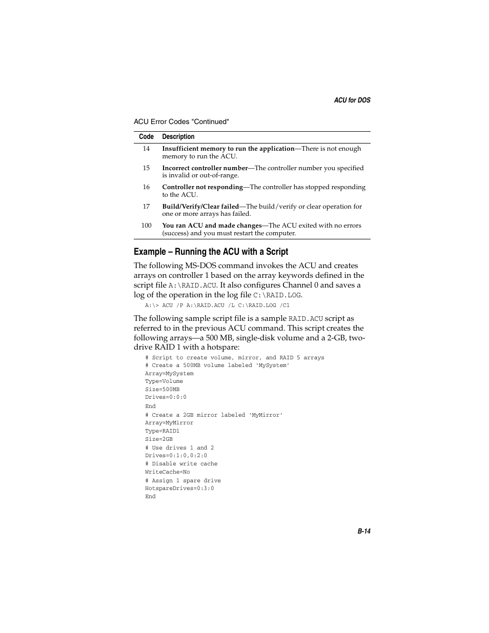 Example – running the acu with a script, Example – running the acu with a script b-14 | Adaptec SATA AND SCSI RAID CONTROLLERS User Manual | Page 92 / 165