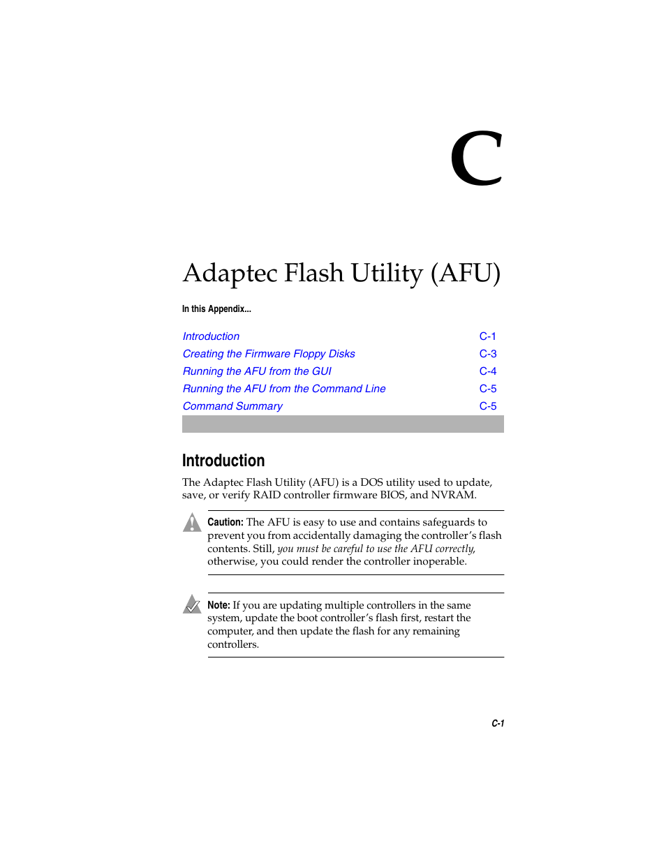 Adaptec flash utility (afu), Introduction, Introduction c-1 | Appendix c | Adaptec SATA AND SCSI RAID CONTROLLERS User Manual | Page 94 / 165
