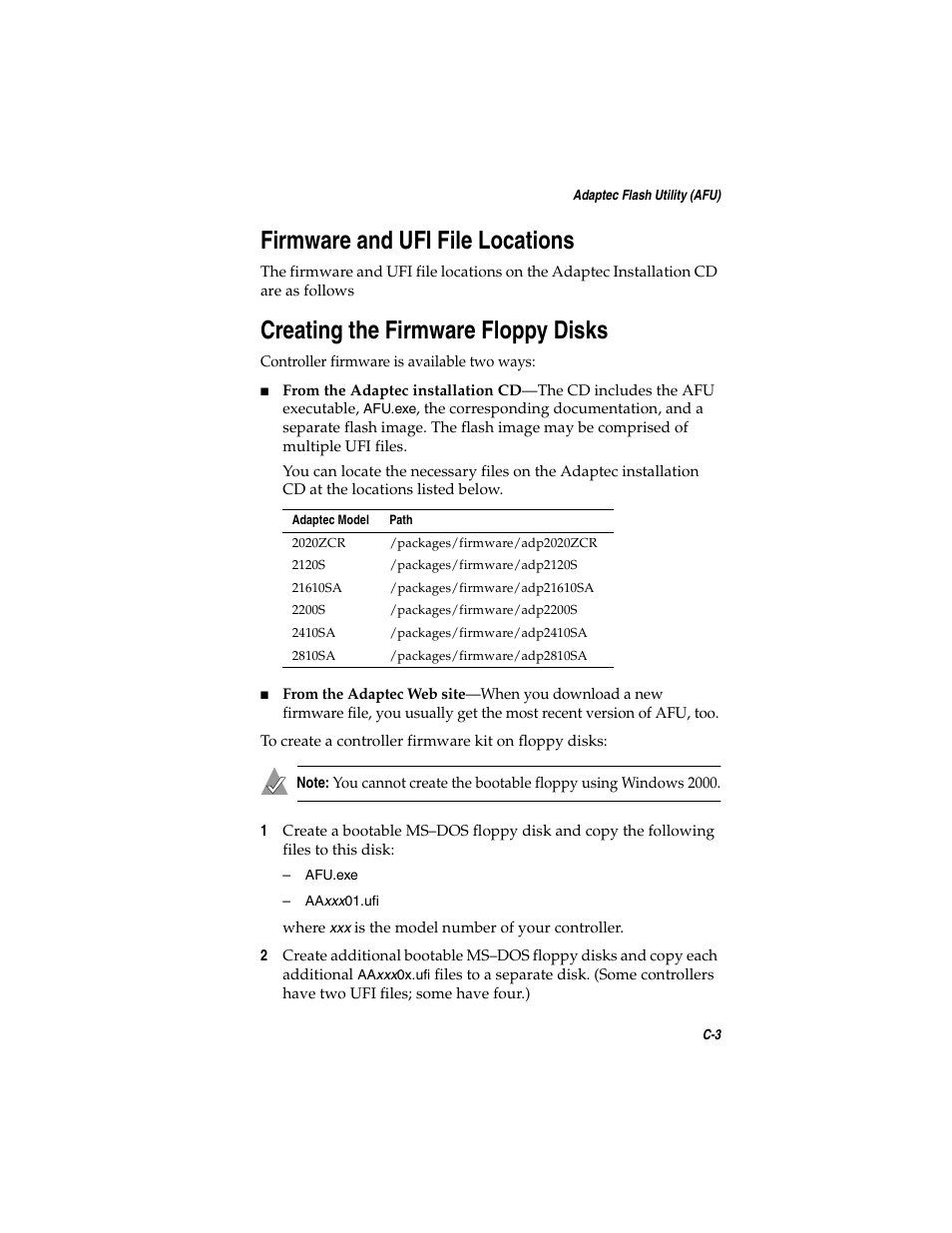 Firmware and ufi file locations, Creating the firmware floppy disks | Adaptec SATA AND SCSI RAID CONTROLLERS User Manual | Page 96 / 165
