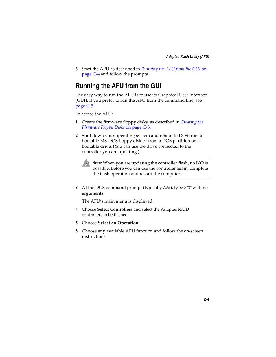 Running the afu from the gui, Running the afu from the gui c-4 | Adaptec SATA AND SCSI RAID CONTROLLERS User Manual | Page 97 / 165