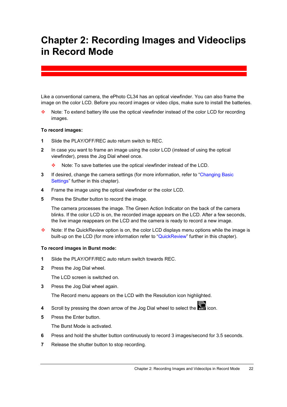 To record images, To record images in burst mode | AGFA ePhoto CL34 User Manual | Page 22 / 53