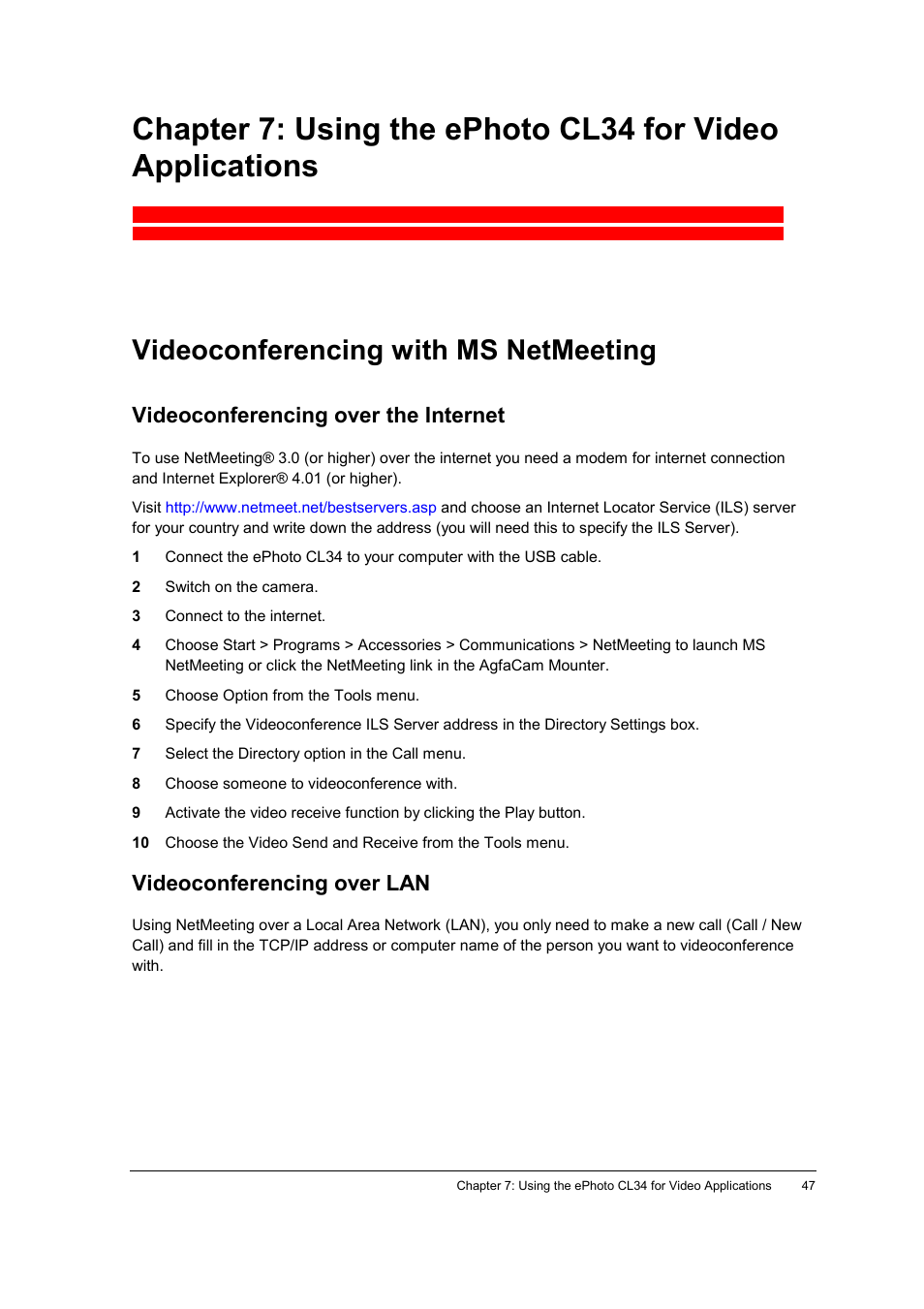 Videoconferencing with ms netmeeting, Videoconferencing over the internet, Videoconferencing over lan | AGFA ePhoto CL34 User Manual | Page 47 / 53