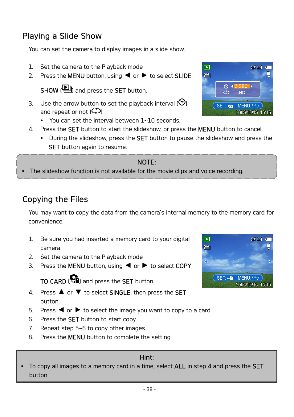 Playing a slide show, Copying the files | AGFA DC-630 User Manual | Page 39 / 52