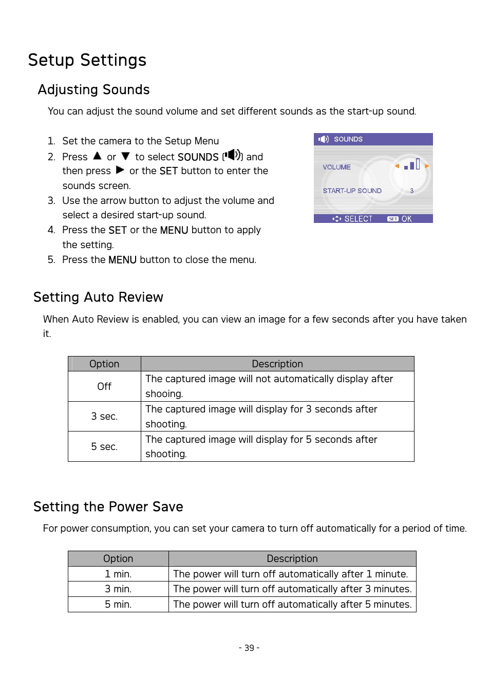 Setup settings, Adjusting sounds, Setting auto review | Setting the power save | AGFA DC-630 User Manual | Page 40 / 52