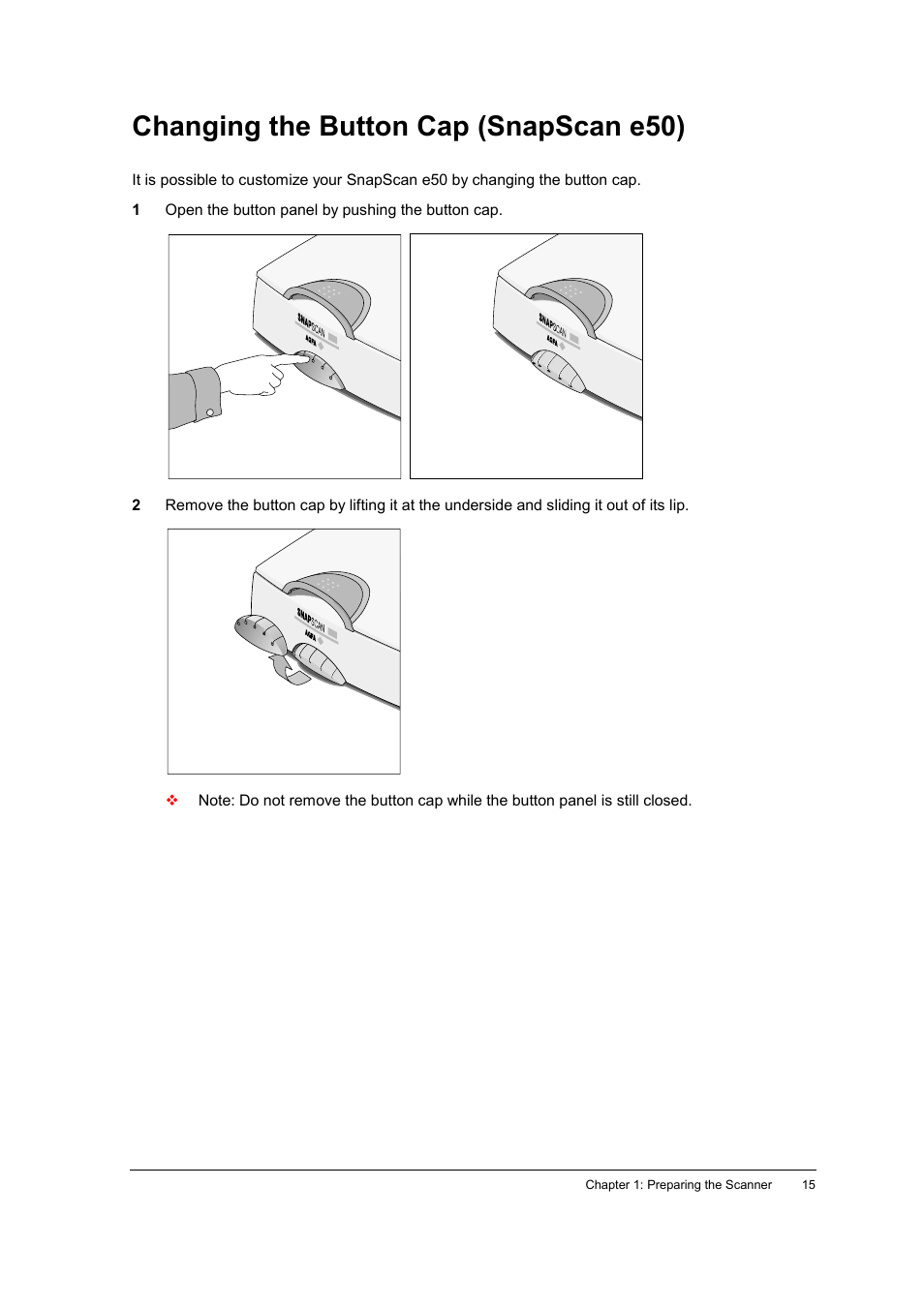 Changing the button cap (snapscan e50) | AGFA E40 User Manual | Page 15 / 60