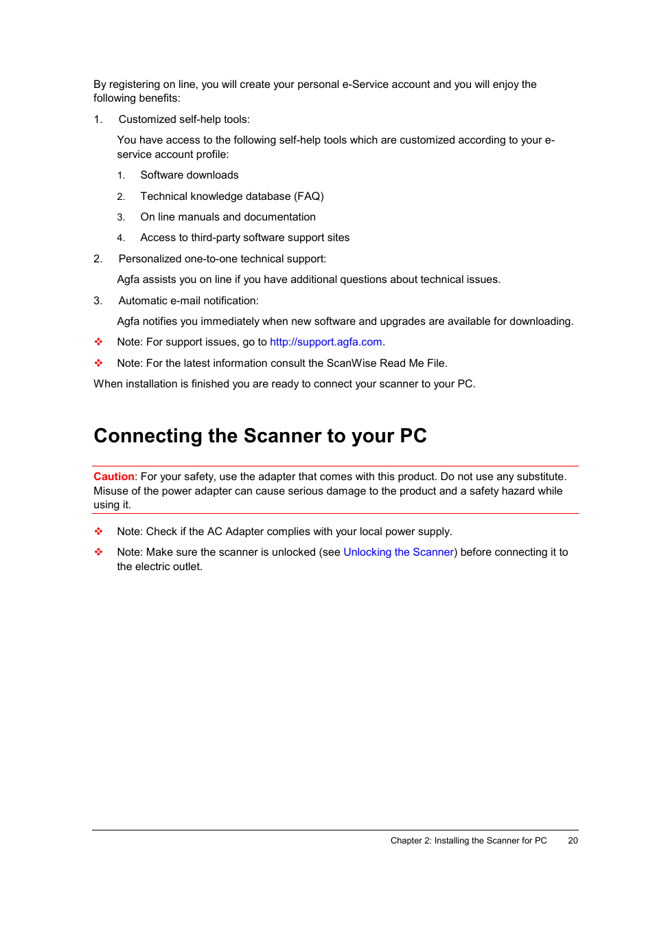 Connecting the scanner to your pc | AGFA E40 User Manual | Page 20 / 60