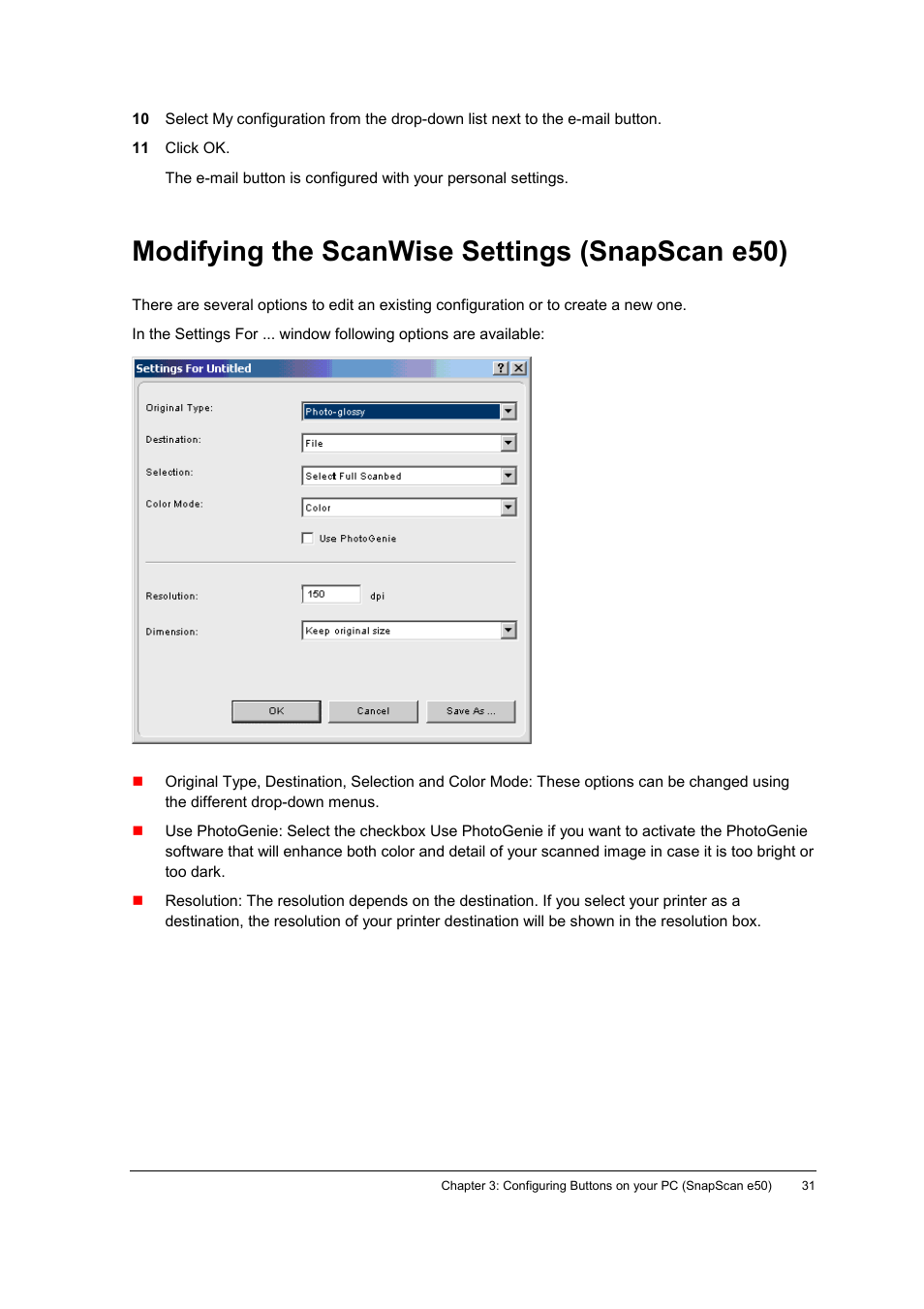 Modifying the scanwise settings (snapscan e50), Modifying the scanwise settings | AGFA E40 User Manual | Page 31 / 60