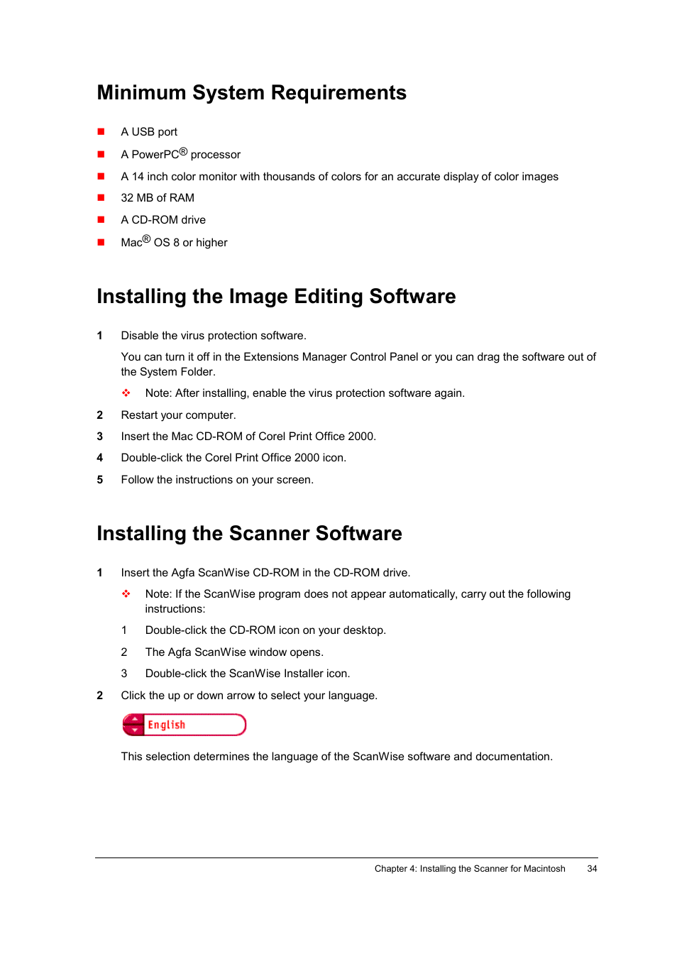 Minimum system requirements, Installing the image editing software, Installing the scanner software | AGFA E40 User Manual | Page 34 / 60