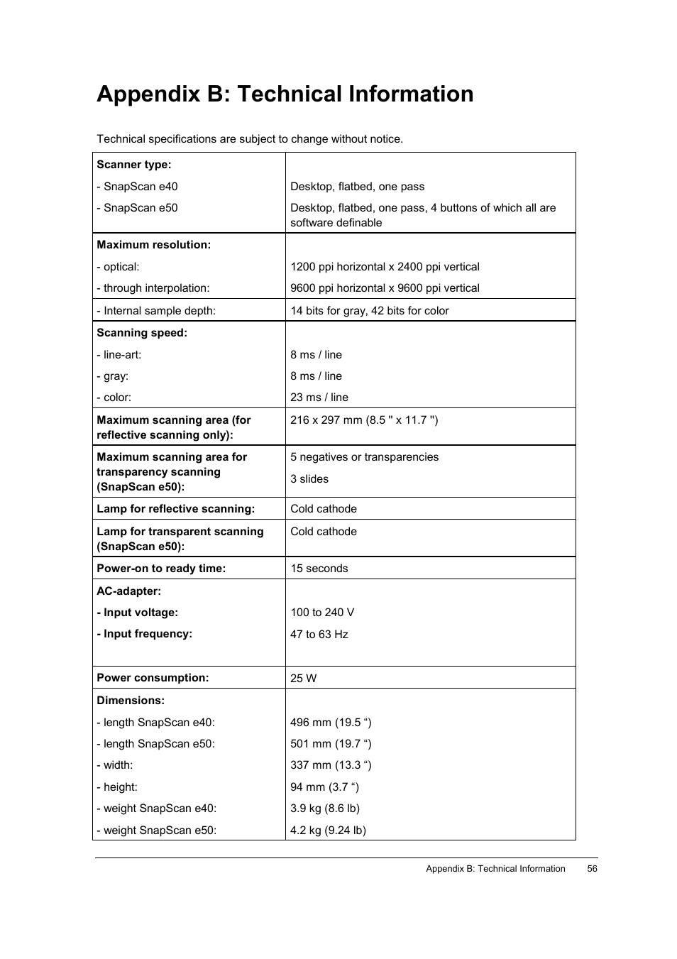 Appendix b: technical information | AGFA E40 User Manual | Page 56 / 60